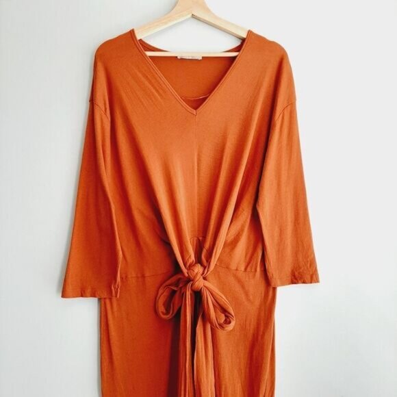 ZARA | 100% Cotton Minimalist Modern V-Neck Midi Dress Orange Sz S - Picture 4 of 16